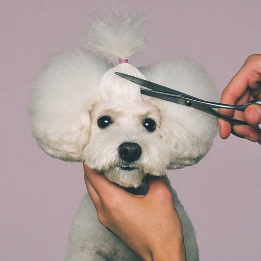 A small white poodle having its topknot trimmed with grooming scissors